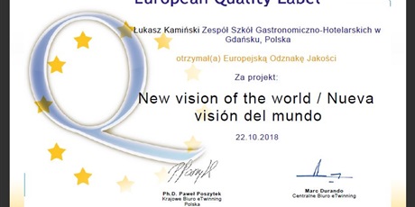 Europejska Odznaka Jakości dla projektu eTwinning "New vision of the world / Nueva visión del mundo"