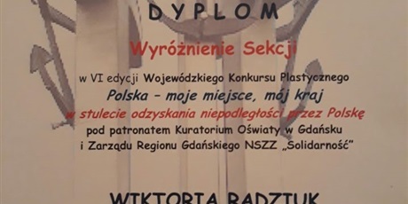 Wyróżnienie Wiktorii Radziuk w konkursie plastycznym „Polska – moje miejsce, mój kraj”