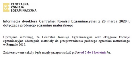 Informacja dyrektora Centralnej Komisji Egzaminacyjnej z 26 marca 2020 r. dotycząca próbnego egzaminu maturalnego