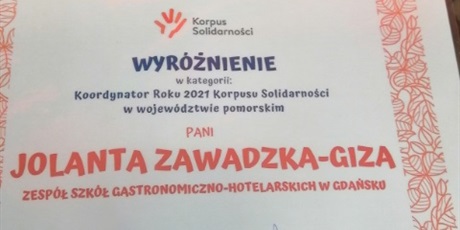 Powiększ grafikę: Wyróżnienie dla J. zawadzkiej -Gizy w Konkursie Korpusu Solidarności na Koordynatora Roku 2021.