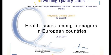 Krajowa Odznaka Jakości dla projektu eTwinning "Health issues among teenagers in European countries"
