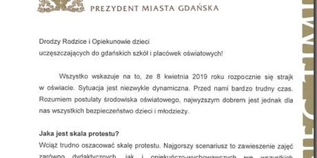 List Prezydent Miasta Gdańska Pani Aleksandry Dulkiewicz do rodziców i prawnych opiekunów