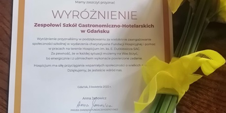 Powiększ grafikę: Dyplom przyznany przez Fundację Hospicyjną im. Dutkiewicza.