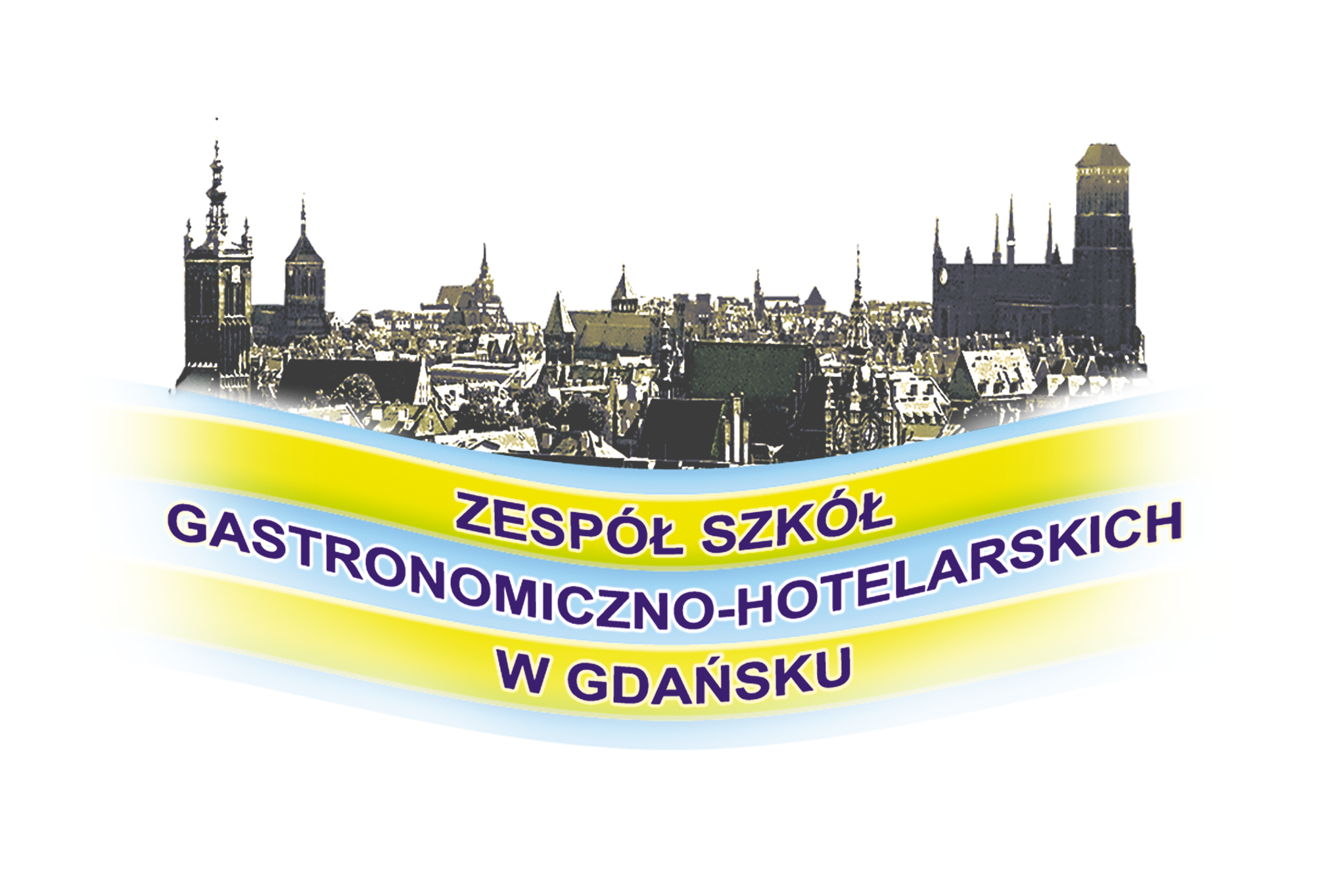 Logotyp szkoły. Napis Zespół Szkół Gastronomiczno-Hotelarskich w Gdańsku na tle panoramy Gdańska.
